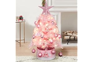 ILLUMINEW 23" Artificial Mini Christmas Tree with Lights, 2FT Tabletop Christmas Tree with Star Treetop Ball Cartoon Hanging Ornaments for DIY Christmas Home Party Decoration Gifts (Pink)