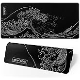 Japanese Gaming Mouse Pad Black Mouse Pad Kanagawa Large Mousepad Non-Slip Rubber Base Waterproof with Stitched Edges for Gaming Office Home, 31.5x11.8 Inch (Black Wave)