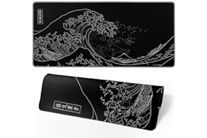 BRECOY Japanese Gaming Mouse Pad Black Mouse Pad Kanagawa Large Mousepad Non-Slip Rubber Base Waterproof with Stitched Edges for Gaming Office Home, 31.5x11.8 Inch (Black Wave)