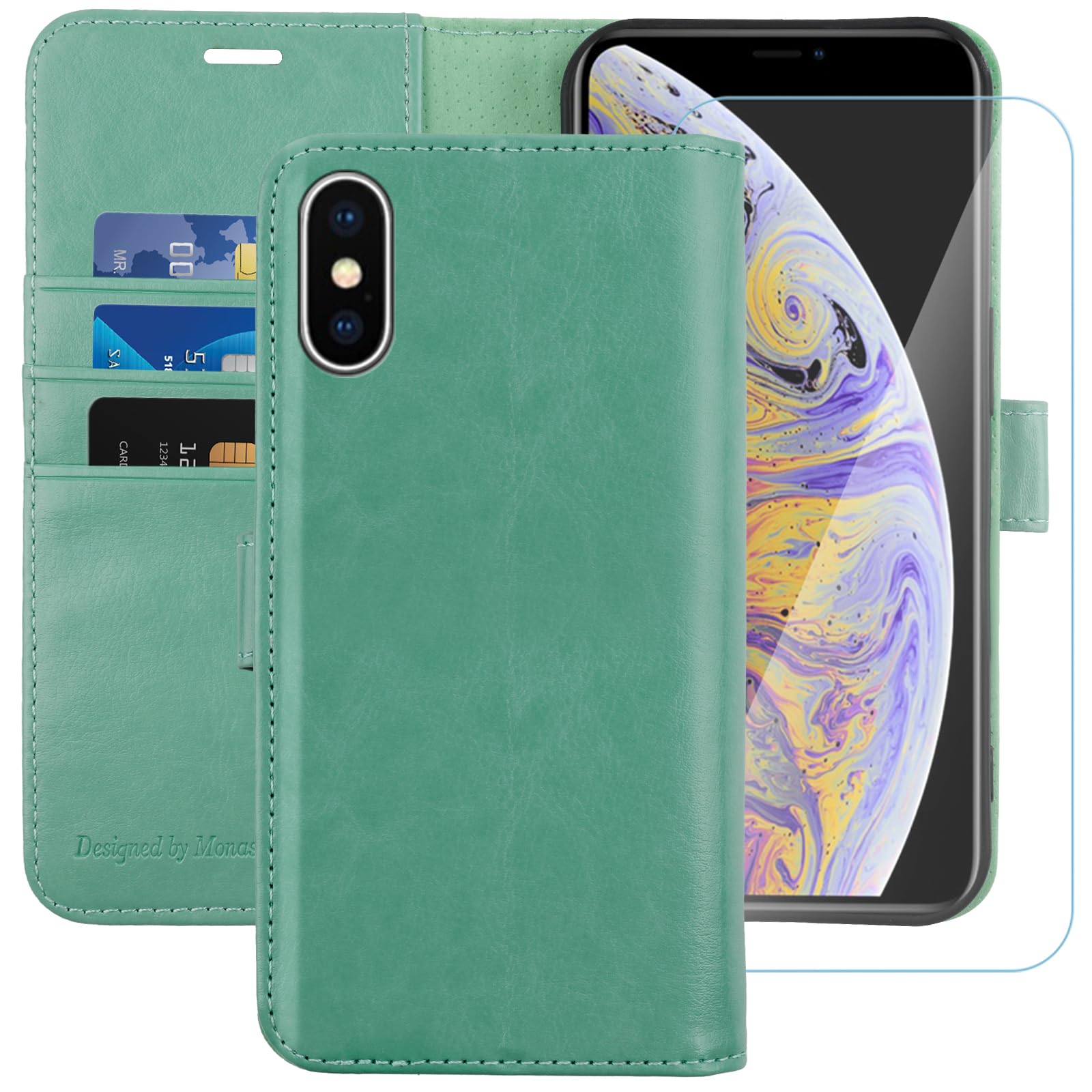 MONASAY iPhone Xs MAX Wallet Case,6.5-inch, [Glass Screen Protector Included][RFID Blocking] Flip Folio Leather Cell Phone Cover with Credit Card Holder for iPhone Xs MAX,Mint