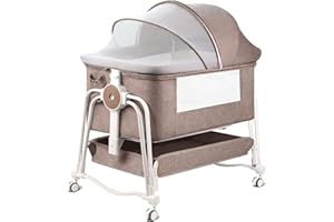 suihuooo 4 in 1 Baby Bassinet Bedside Sleeper, Rocking Baby Crib with Lockable Wheels, Storage, Mosquito Net and Matress Included, 7 Level Adjustable Bedside Bassinet for Baby Newborn(Khaki)
