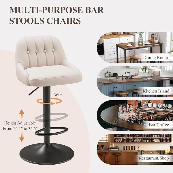 MALOL BAR STOOLS SET OF 3, SWIVEL BAR CHAIRS, MODERN ADJUSTABLE PU LEATHER UPHOLSTERED BARSTOOLS COUNTER HEIGHT WITH TUFTED BACK FOR BAR, KITCHEN COUNTER ISLAND, DINING ROOM, BEIGE
