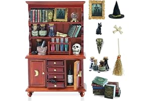 BEIREG Dollhouse Miniatures 1/12 Scale Accessories, Wooden Bookshelf Furniture Set - Magic Bottle&Potion, Witch Frame and Hat, Mini Bookcase, Haunted Dollhouse Halloween Decorations for Kids Gifts