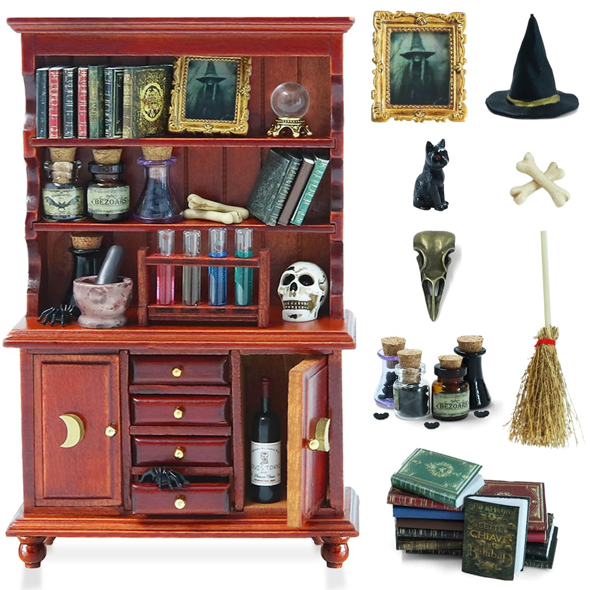 Photo 1 of BEIREG Dollhouse Miniatures 1/12 Scale Accessories, Wooden Bookshelf Furniture Set - Magic Bottle&Potion, Witch Frame and Hat, Mini Bookcase, Haunted Dollhouse Halloween Decorations for Kids Gifts