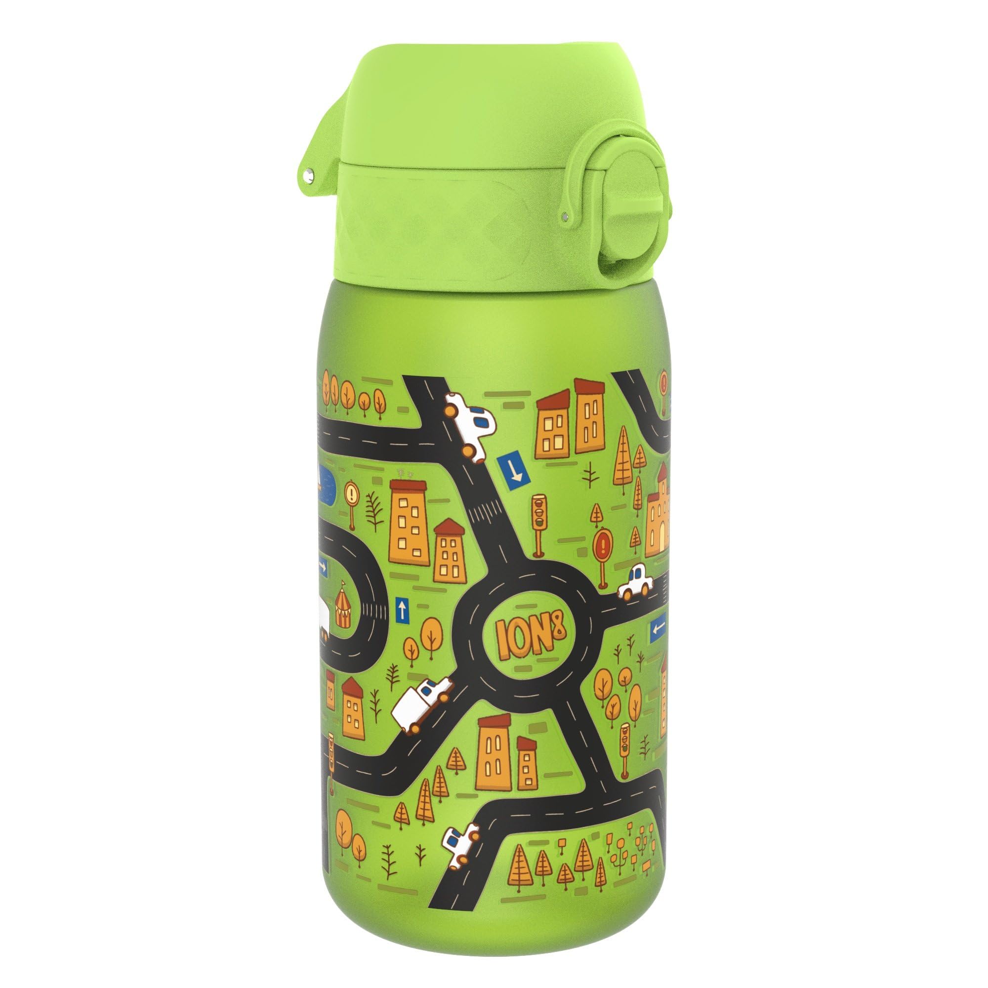 Ion8 Kids Water Bottles, 350ml/12oz, BPA Free, Leakproof, Dishwasher Safe, Easy Open, Secure Lock, Small Boys & Girls Water Bottle,Kids Drinks Bottle for Spill-free Drinking, Green, Auto Cars Drive