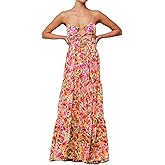 ABYOVRT Women Floral Maxi Dress Tie Front Cut Out Backless Boho Spaghetti Strap Summer Beach Sundress