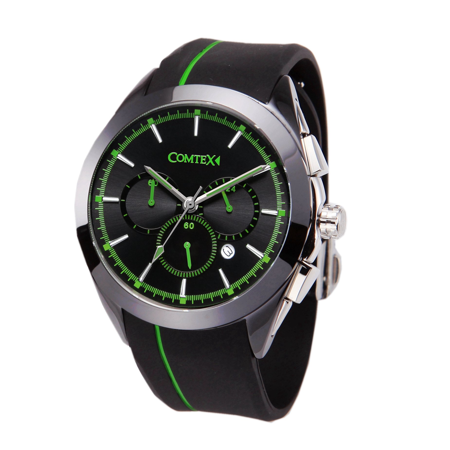 COMTEX Men's Black Watch Chronograph Dial Black Silicone Sports Watch Green Line Fashion — image 1