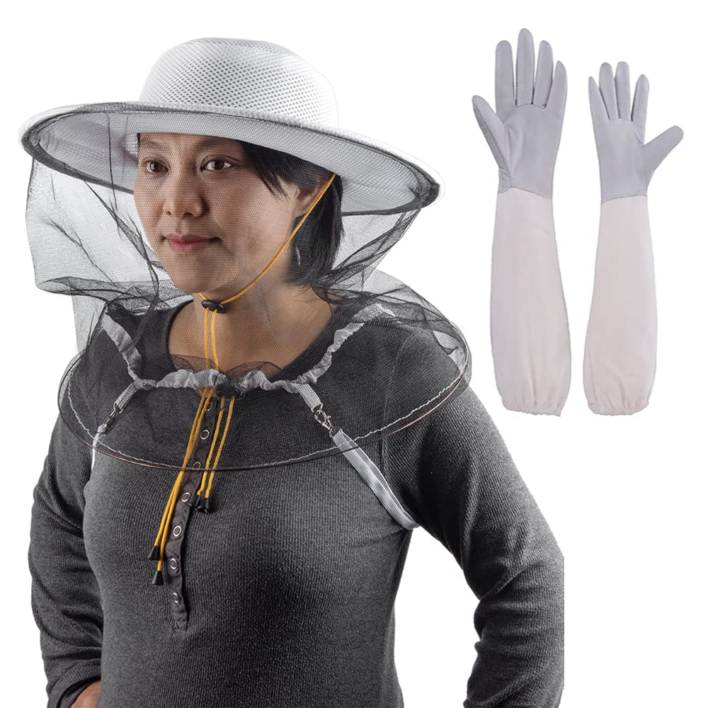 HunterBee bee Beekeeper beekeeping veil hat and Gloves 2 in 1 mosquito bug fly head net hat mesh fishing cap
