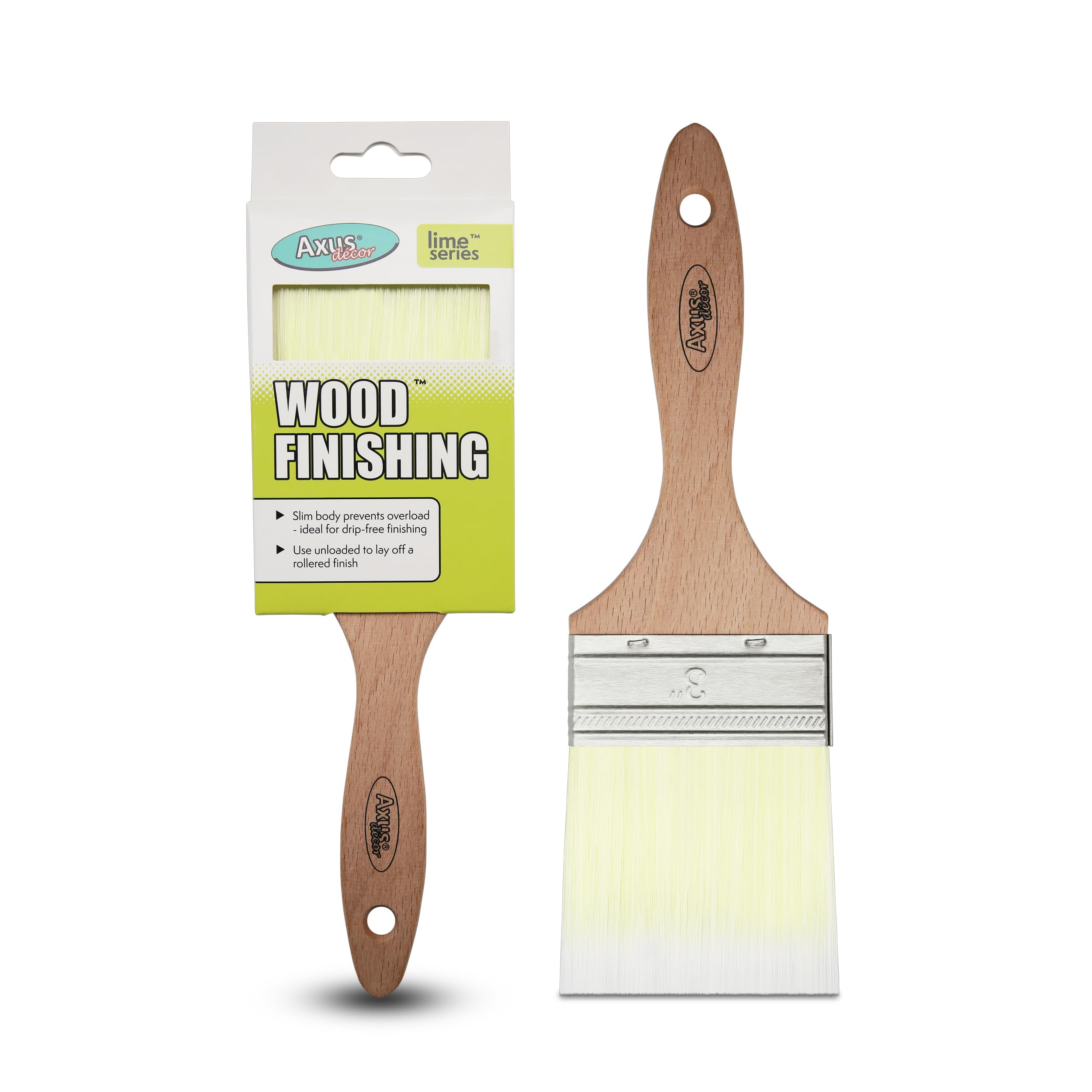 Axus Decor Wood Finishing & Varnish Brush (Lime Series) - 3"/75mm - For Applying All Stains & Lacquers Without Dripping, Eco-friendly Natural-Feel Handles, Anti-Rust Stainless Steel, Ultra-Smooth
