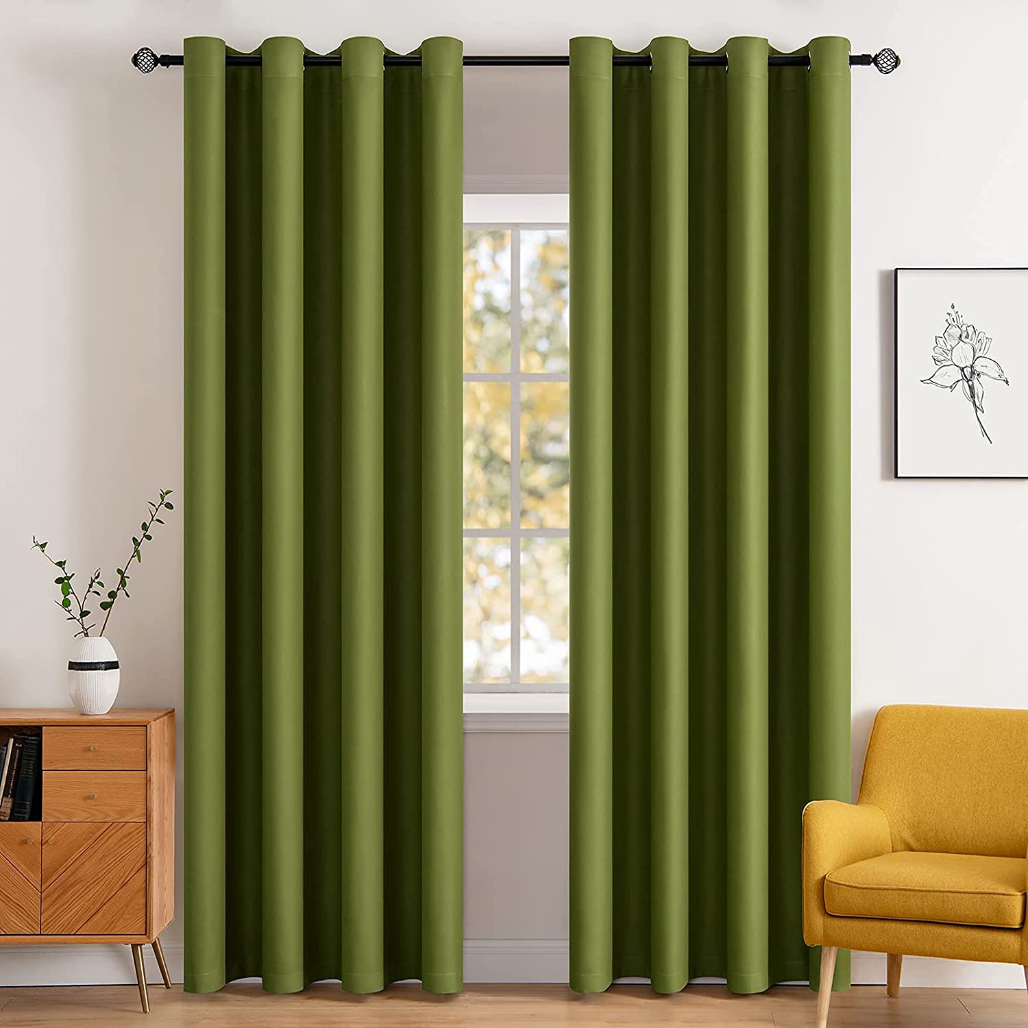 MIULEE Blackout Curtains for Bedroom Living Room Thermal Insulated Room Darkening Grommet Top Solid Light Blocking Drapery Set of 2 Window Panels 52 x 72 Inches Olive Green Image