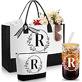 Aliceset Initial Gifts for Women Monogrammed Canvas Tote Bag with Zipper Pockets Reusable Grocery Bags and Glass Straws Cup(Letter R)
