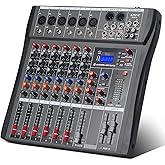6 Channel Audio Mixer,Kmise Professional Sound Mixer with BT, Mixing Console with Digital Sound Board,DJ Mixer with 48V Phant