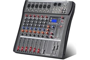 6 Channel Audio Mixer,Kmise Professional Sound Mixer with BT, Mixing Console with Digital Sound Board,DJ Mixer with 48V Phant