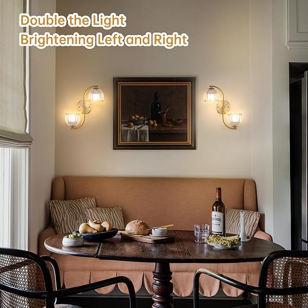 SHENMOYL BATTERY OPERATED WALL SCONCE, 2-LIGHTS VINATGE BRASS WALL LIGHTING UP AND DOWN WITH CLEAR TULIP SHADE FOR LIVING ROOM, BEDROOM, SYMMETRICAL 2 PACK