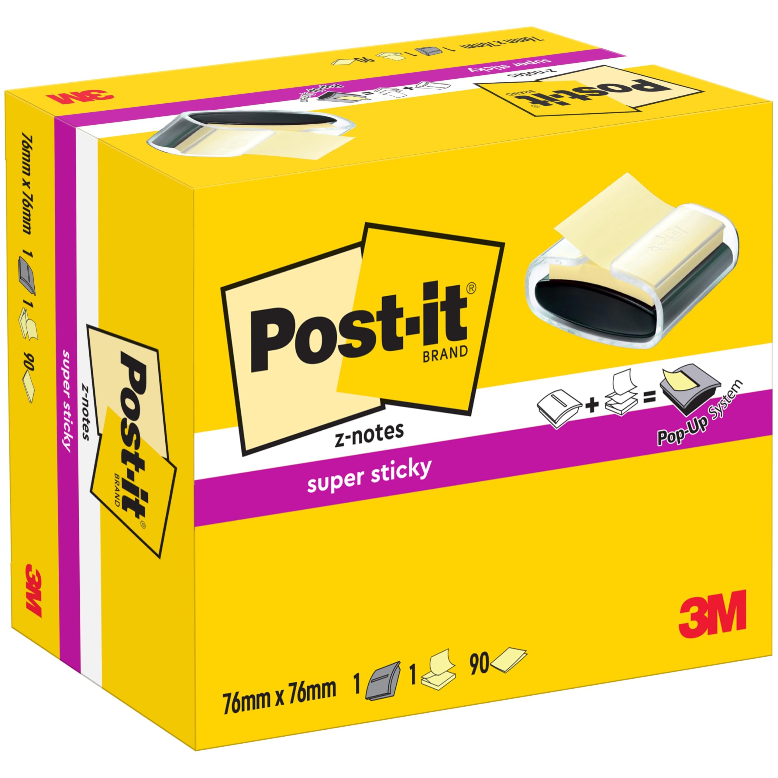 Post-it Z-Notes Dispenser PRO Black + Post-it Super Sticky Z-Notes Canary Yellow, 1 Pad 90 Sheets, 76 mm x 76 mm - for Convenient One-Hand Dispensing on Your Desk