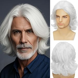 Saecaes Mens Short White Curly Wig Layered Natural Wavy Heat Resistant Synthetic Hair Wigs Male Guy Daily Party Halloween Cos