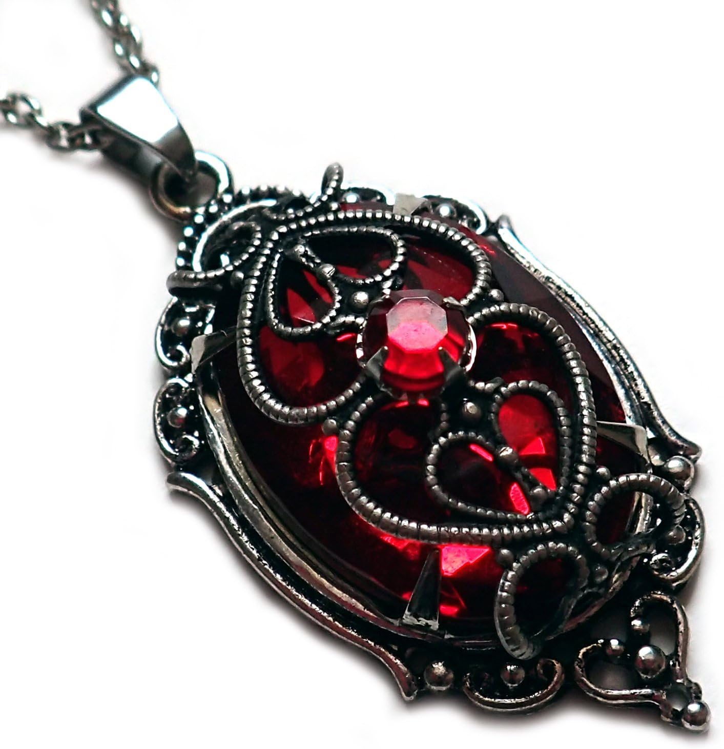 Silver Filigree Caged Rhinestone Pendant: Ruby Red