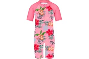 TFJH E Short Sleeve Girls Swimsuits UV 50+ One Pieces Bathing Suits Zipper 2-14Y