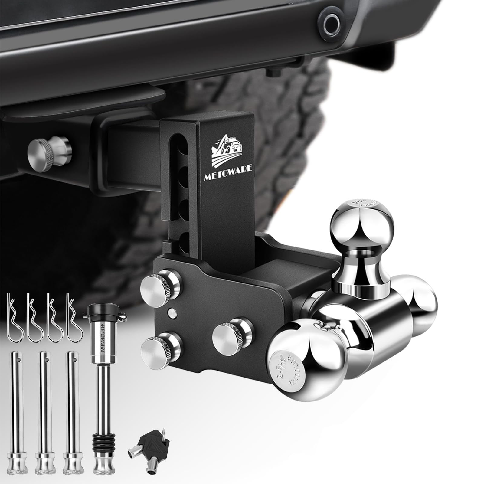 Photo 1 of METOWARE Trailer Hitches Fits 2-Inch Receiver - Adjustable Trailer Hitch with 4-Inch Drop/Rise (14,000 LBS GTW) - Tri-Ball (1-7/8'', 2'', 2-5/16'') and Anti-Theft Stainless Steel Trailer Lock