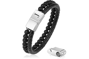 LUXEJEW Valentines Day Gifts for Him - Mens Bracelet, Beaded Leather Initial Bracelet 6mm Matte Agate Stone Handmade Bracelets Adjustable Stainless Steel Magnetic Clasp Mens Jewelry Gifts
