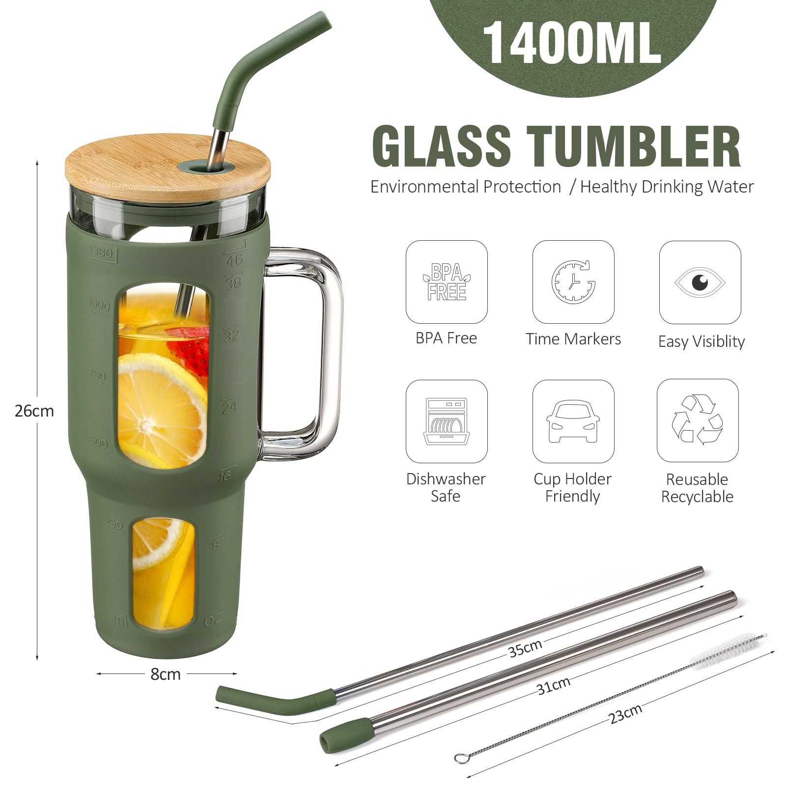 BLUEGO Tumbler becher mit Deckel und Strohhalmen, 1400ml Kaffeebecher To Go mit Henkel, Trinkbecher mit Silikonhülle, 1,4 L Tumbler becher mit 2 Strohhalmen, BPA-frei, Olive 5