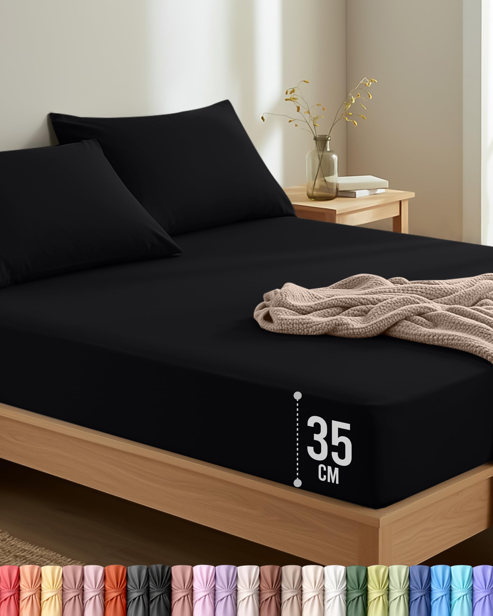 Utopia Bedding Double Black Fitted Sheet and Matching Pillowcase Set - Deep Pocket (35 cm) - Bed Sheets Set - 2 Pillowcases (50x75cm) - OEKO-TEX Certified - Soft Brushed Microfibre