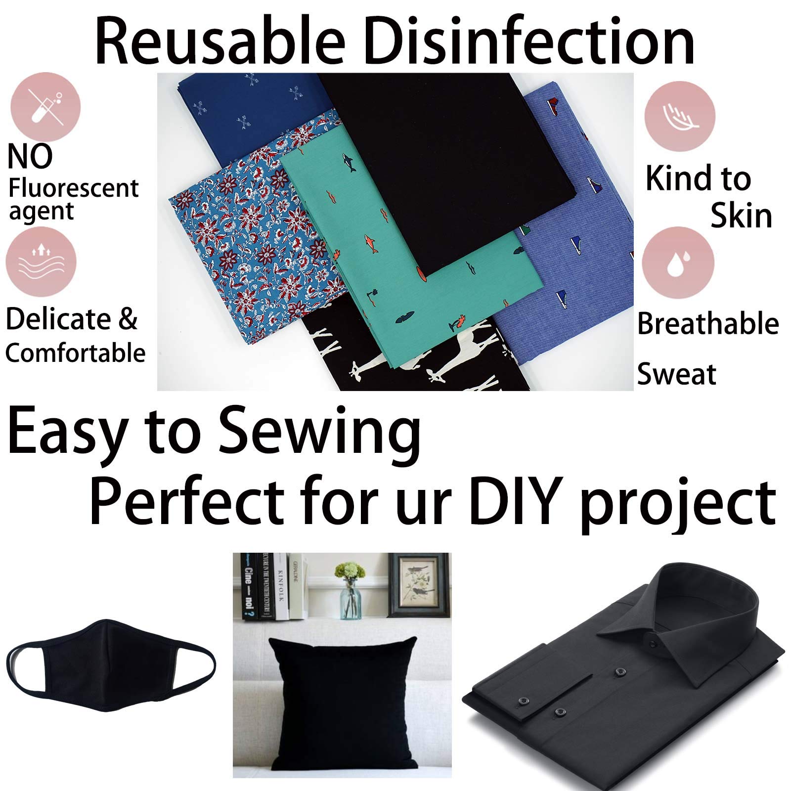 Master FAB -Black 100% Cotton Fabric by The Yard for Sewing DIY Crafting Fashion Design Washable Cloth Bundles Voile;Full Width cuttable39 x 55inches (100x140cm) (Black Solid)