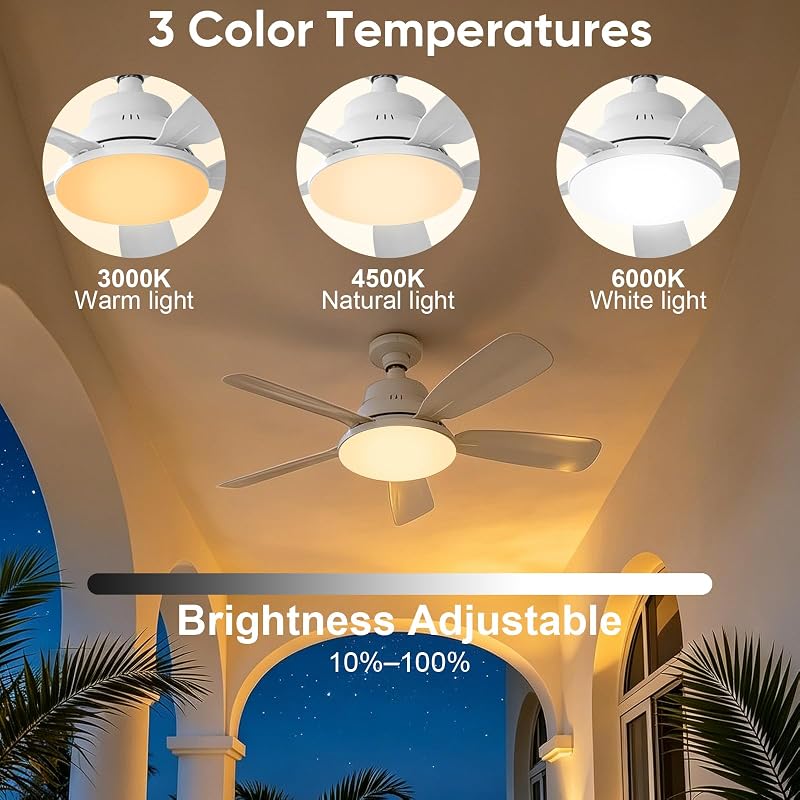 Ventilateur de Plafond avec Lumière et Télécommande, 62CM 45W Petit Ventilateur LED Dimmable, 3 Couleurs 3000-6500K, 3 Vitesses, Minuterie, Douille E27 pour Chambre, Cuisine, Salle de Bain