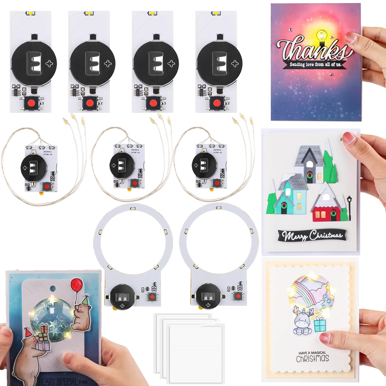 OTCRAFT 12PCS/Set 2Circular Halo 5 Lights & 4Pcs Easy 1 Lights and 3 Linear LEDs with 3 Sheets 93 Foam Strips for DIY Light-Up Cards Making Scrapbook Decoration Light-Up Units with Warm WhiteLEDs