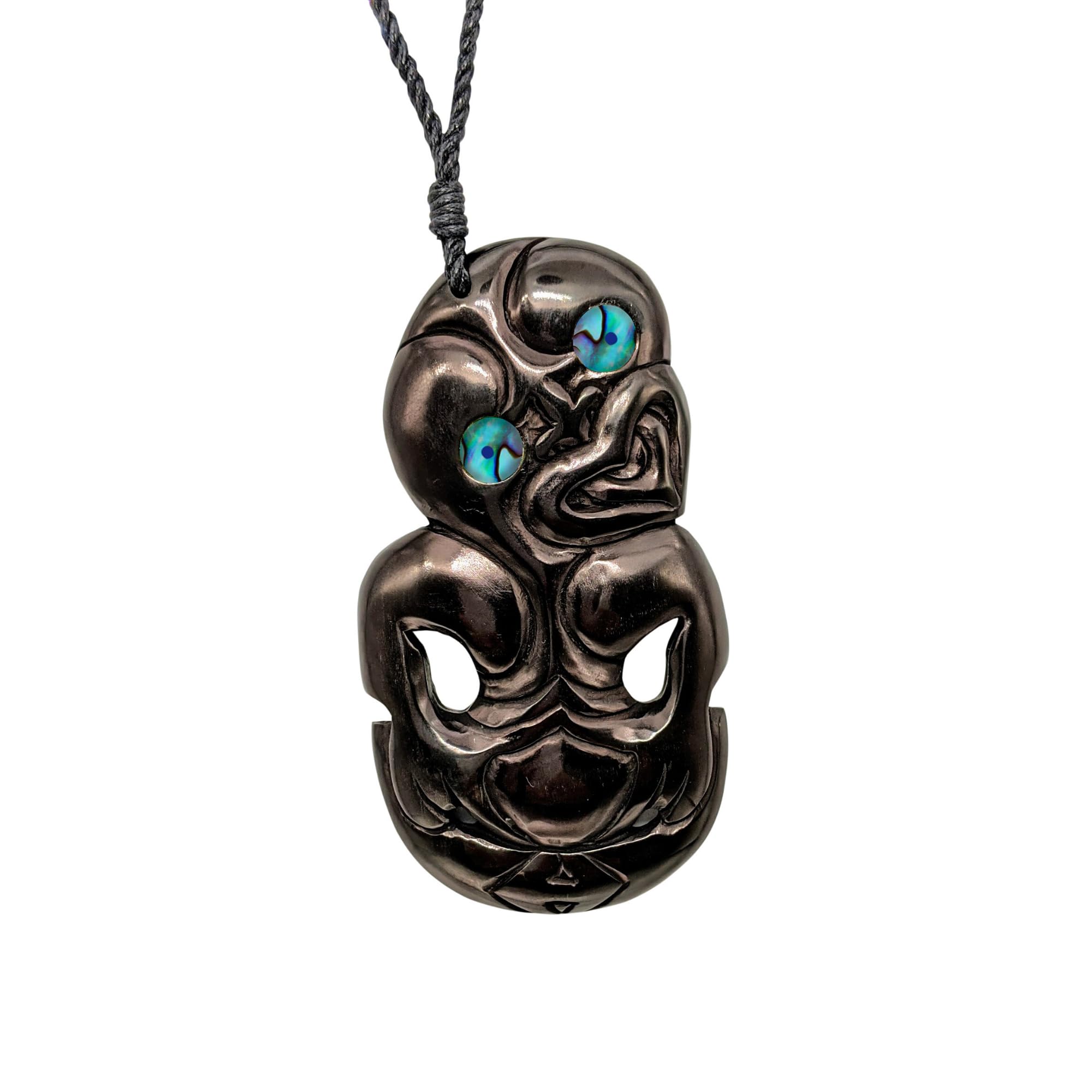 81stgeneration Hand-Carved Horn Paua Shell Extra Large HEI-Tiki Pendant Necklace - Cord Statement Necklace for Men - Women's Maori-Style Taonga Amulet - Tribal Handmade Jewellery - Surfer Accessory