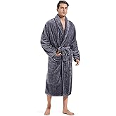 Inner Wish Mens Plush Fleece Robe, Cozy Warm Bathrobe Fuzzy Male Spa Long Robe With Pockets (DARK GREY)