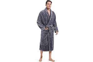 Inner Wish Mens Plush Fleece Robe, Cozy Warm Bathrobe Fuzzy Male Spa Long Robe With Pockets (DARK GREY)