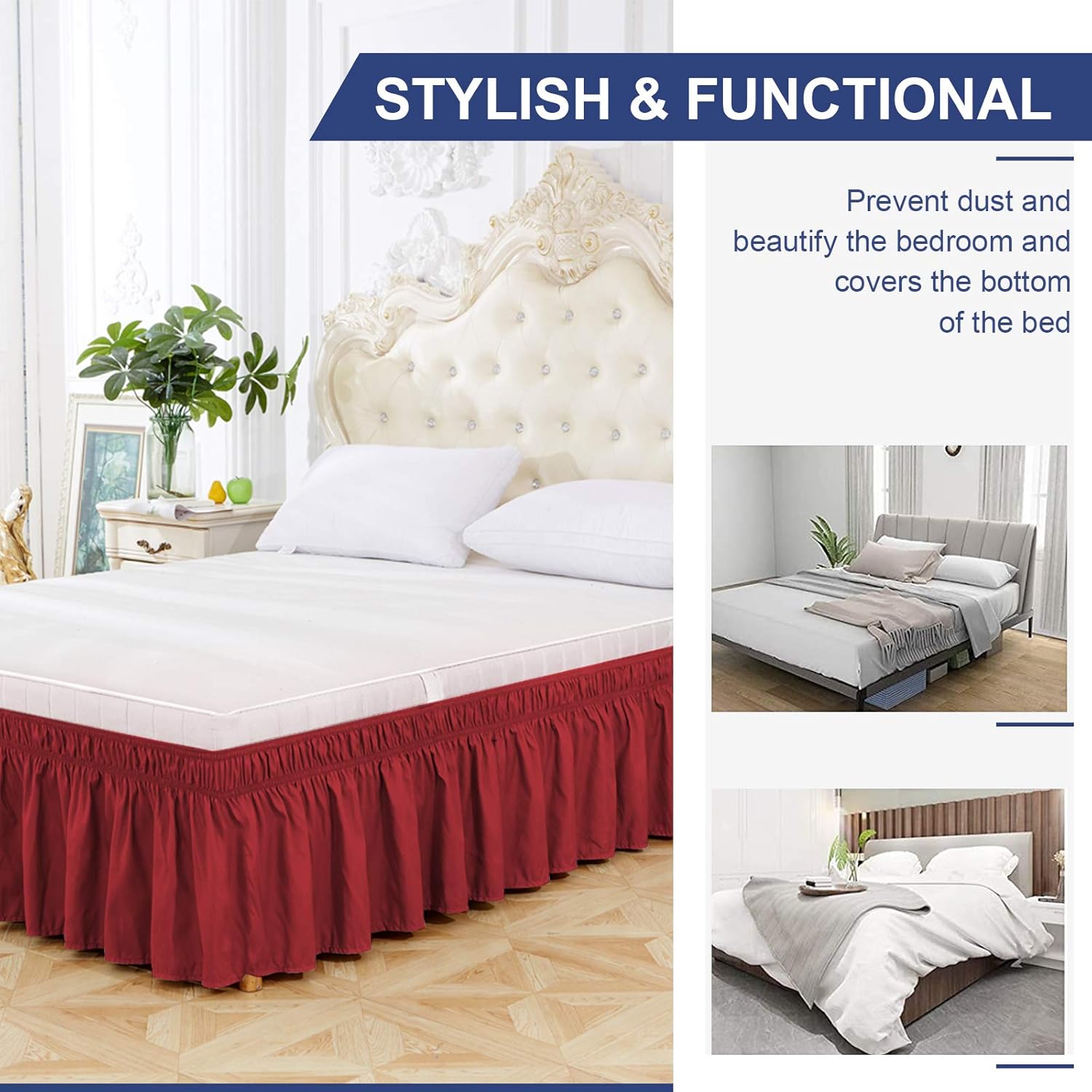 BIGTONE Bed Skirt Wrap Around Elastic Dust Ruffles Solid Color Wrinkle and Fade Resistant with Adjustable Elastic Belt 15 Inch Drop,Queen Size Bed,Burgundy: Kitchen & Dining