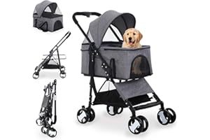 NCHANMAR Dog Stroller 3-in-1 Folding Dog Stroller for Medium Small Dogs Pet Stroller Cat Stroller 4 Wheels with Detachable Carrier Storage Basket Waterproof Lightweight for Travel,Grey