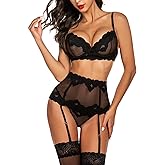 ADOME Lingerie Set for Women Sexy Lace Lingerie Underwire Push Up Bra Garter Set Lingerie Bra and Panty Set (No Stockings)