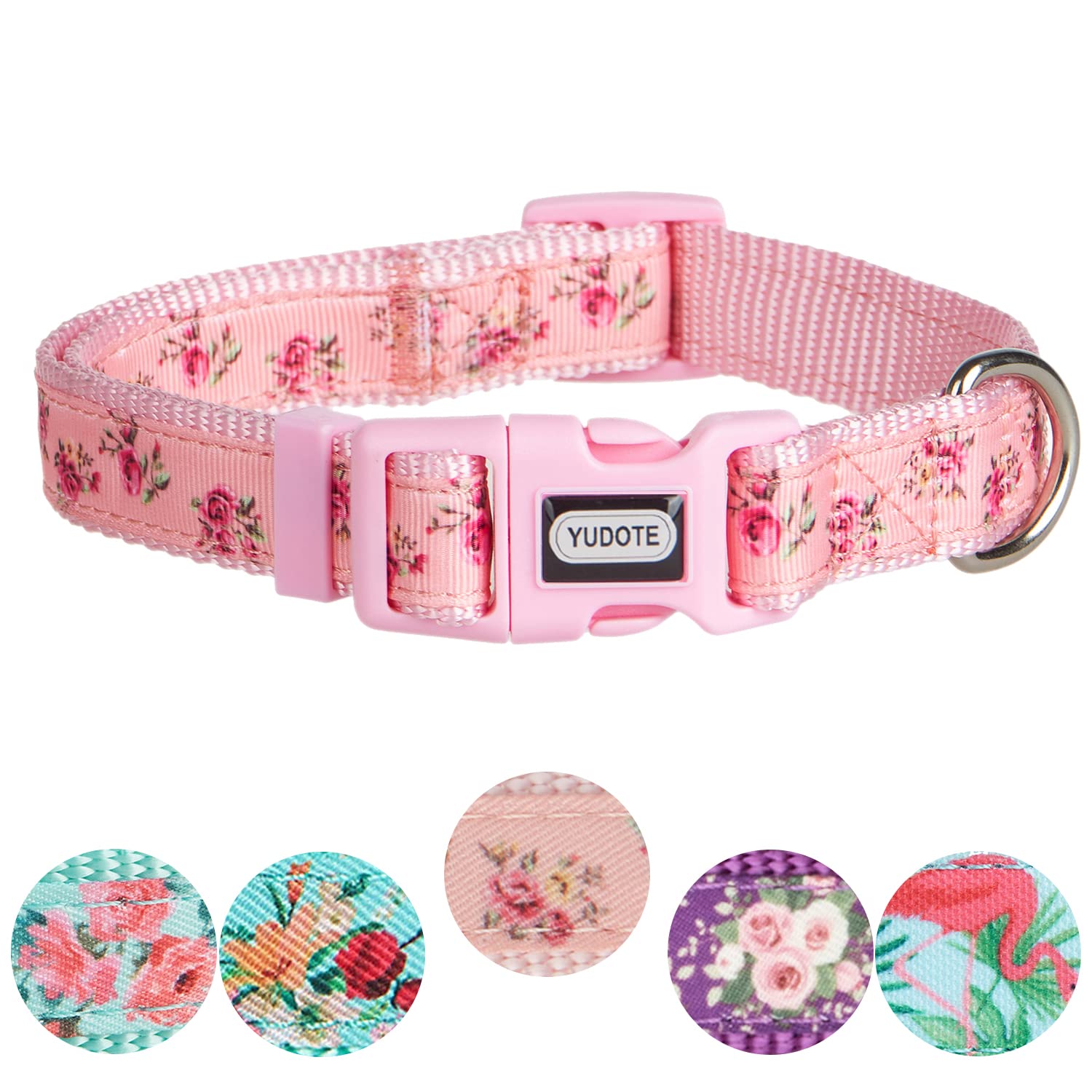 YUDOTE Adjustable Pink Nylon Dog Collar Extra Small with Floral Patterned Ribbon for Active Growing Puppies Neck 21-28cm