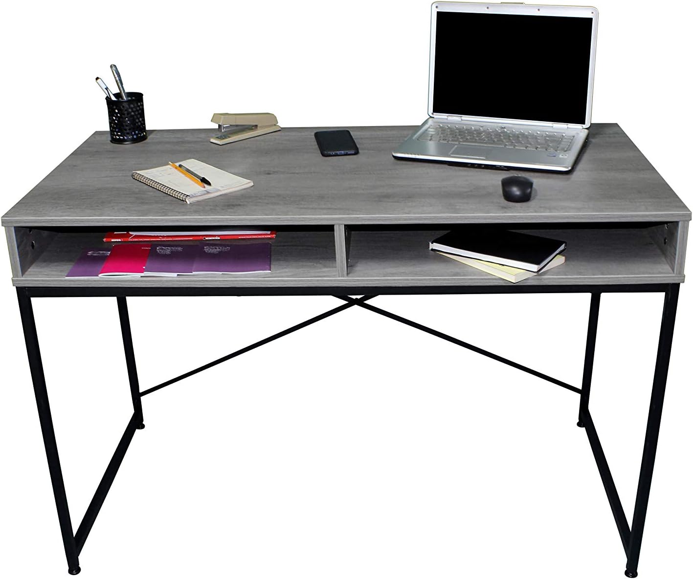 Escritorio de madera minimalista con entrepaño color gris Oficina y papelerÃ­a