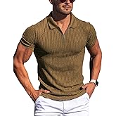 Gnvviwl Zipper Muscle Polo Shirts for Men Slim Fit Short Sleeve Cotton Ribbed Knit Golf Shirt