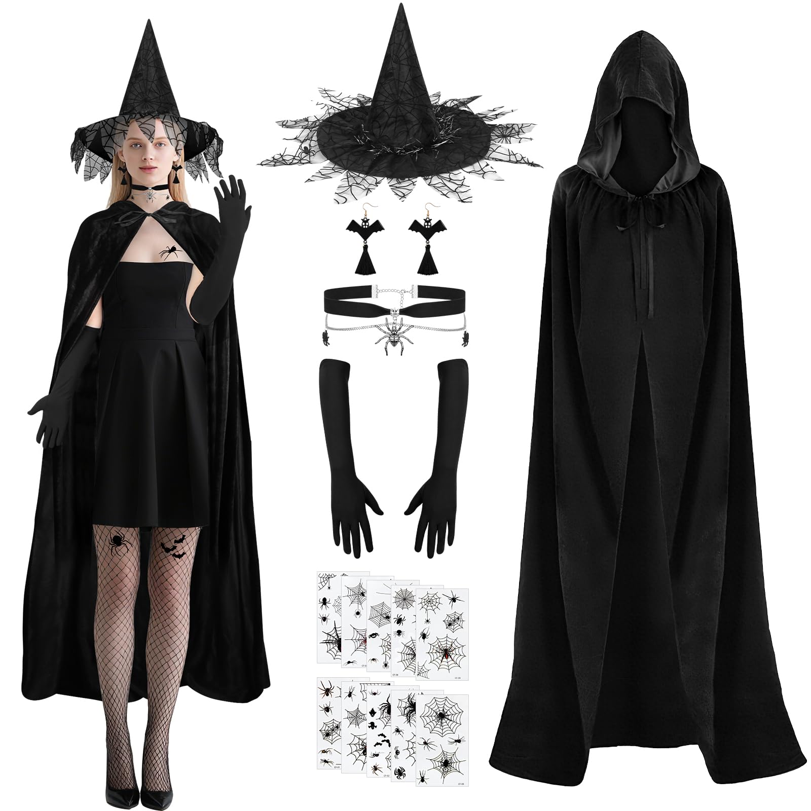 Photo 1 of SelfTek Witch Costume for Women - Halloween Womens Wit-ch Costume, 17-Piece Hooded Cloak, Witc-h Hat, Long Gloves, Spider Necklace, Eardrop, Tattoo Stickers, for Halloween, Cosplay Props Party Outfits
