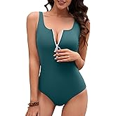 Charmo One Piece Swimsuit Women Zipper Sports Full Coverage Bathing Suits Ribbed Slimming High Cut Adjustable Straps Swimwear