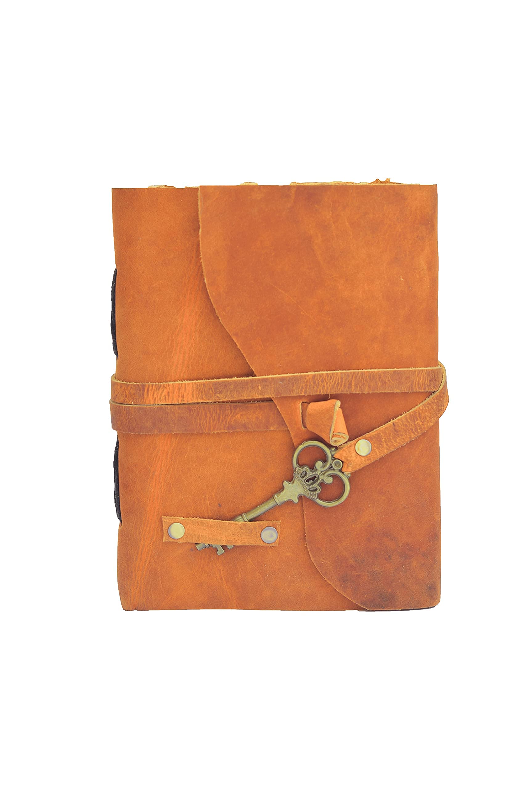 OVERDOSE Deckle Orange with Key Leather Journals - Vintage Leather Journal Men Women Travel Journal & Sketch Writing Journal Personal Diary Sketchbook Book of Shadows - 5 X 7 inches | 12 x 17 cm