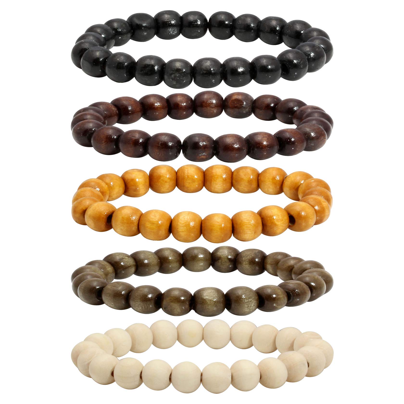 MILAKOO 5Pcs Wooden Bead Stretch Bracelets for Men Women 10mm Mala Prayer Wristband for Meditation