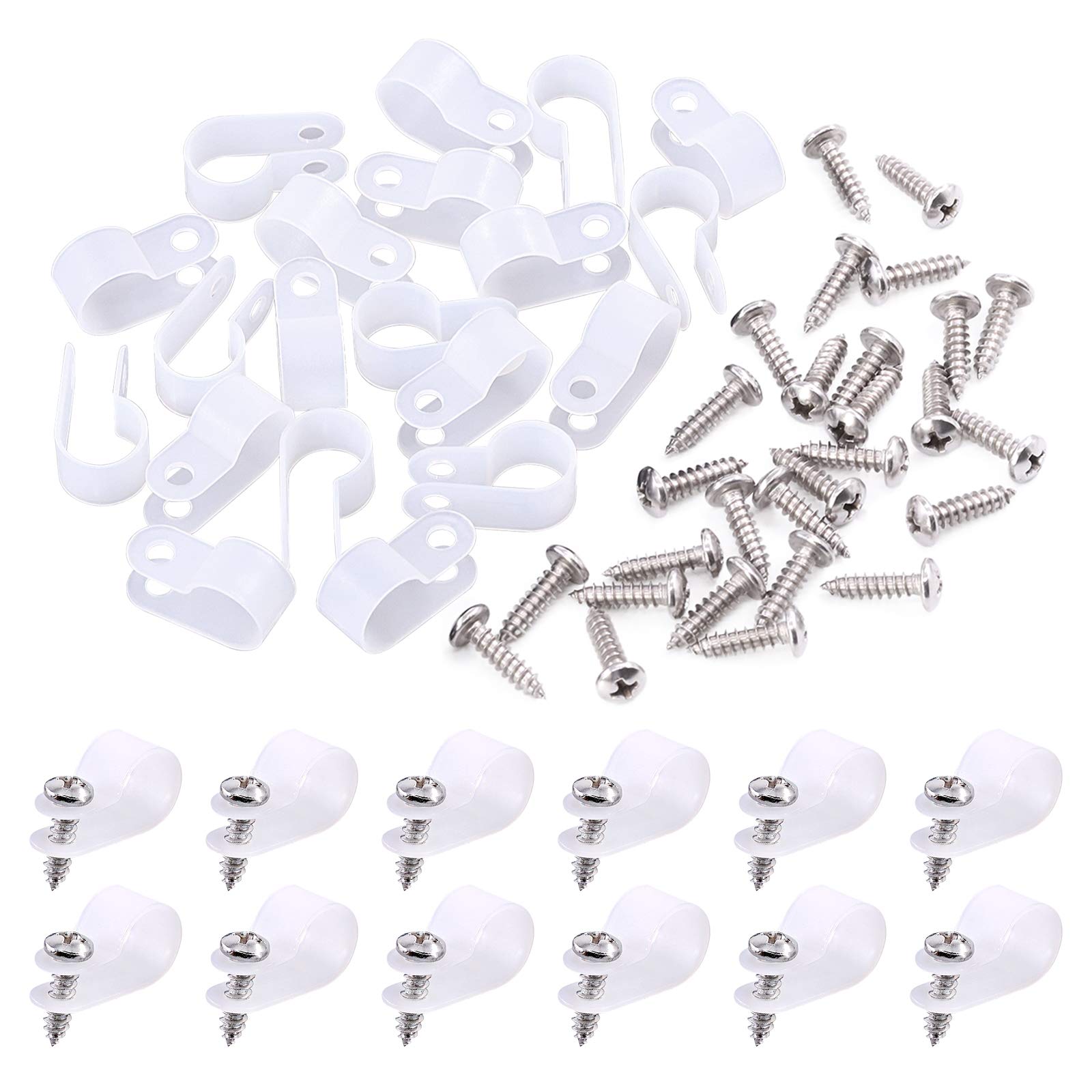 Swpeet 120 Pack White 1/2 Inch Nylon Plastic R-Type Cable Clips Clamp Kit, Nylon Screw Mounting Cord Fastener Clips with 120 Pack Screws for Wire Management (1/2 Inch, White)