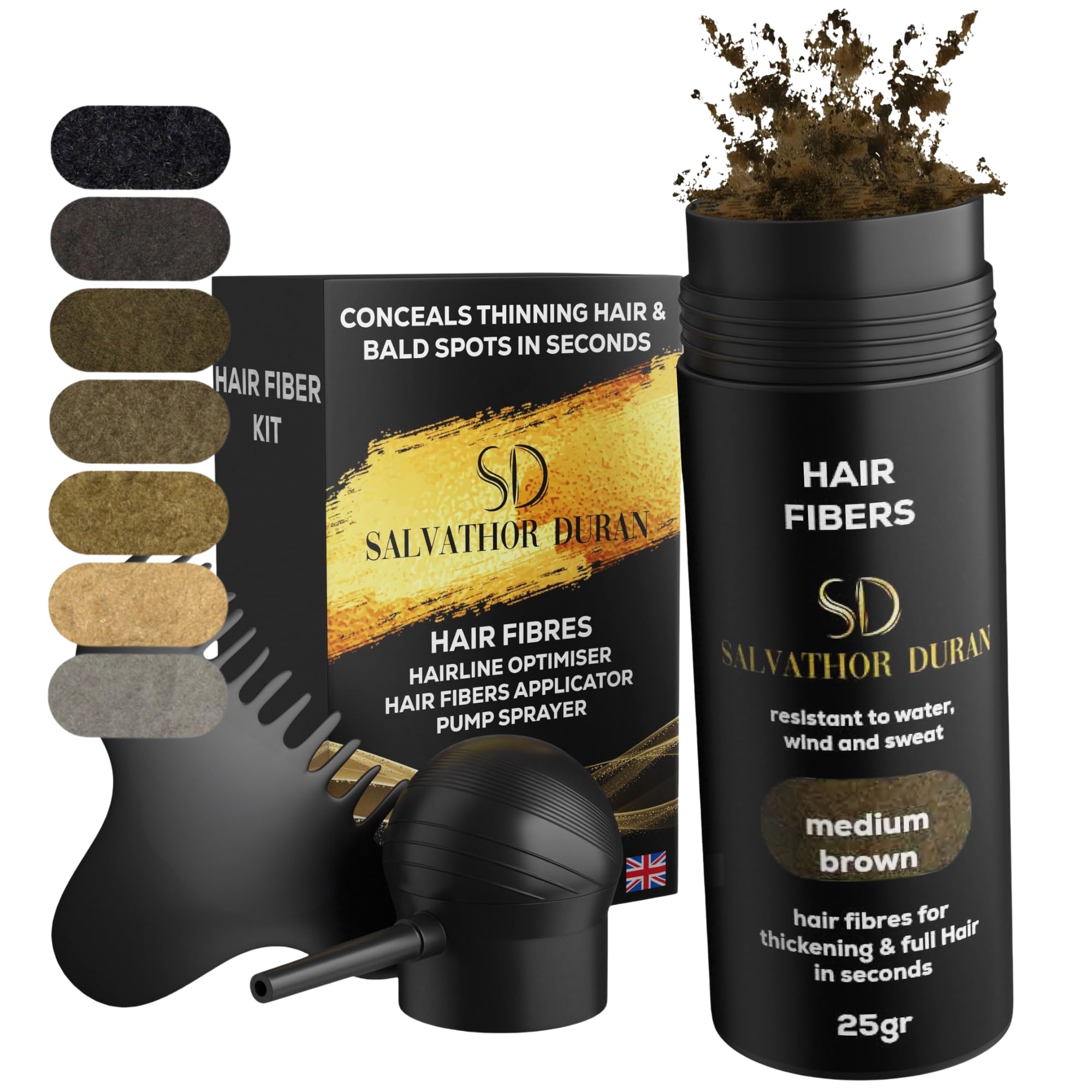 Hair Fibres Salvathor Duran 25 g - Kit 3 Units (Fibers + Applicator + Hairline Comb) - Hair Fibre (Medium Brown)