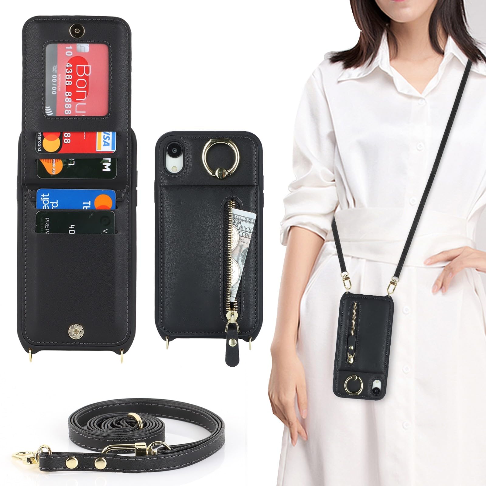 Zouzt for iPhone XR Case with Cord and Card Holde, Zipper Wallet Case with Crossbody Lanyard Ring Adjustable Necklace Protective Cover Women for iPhone XR 6.1 Inch - Black