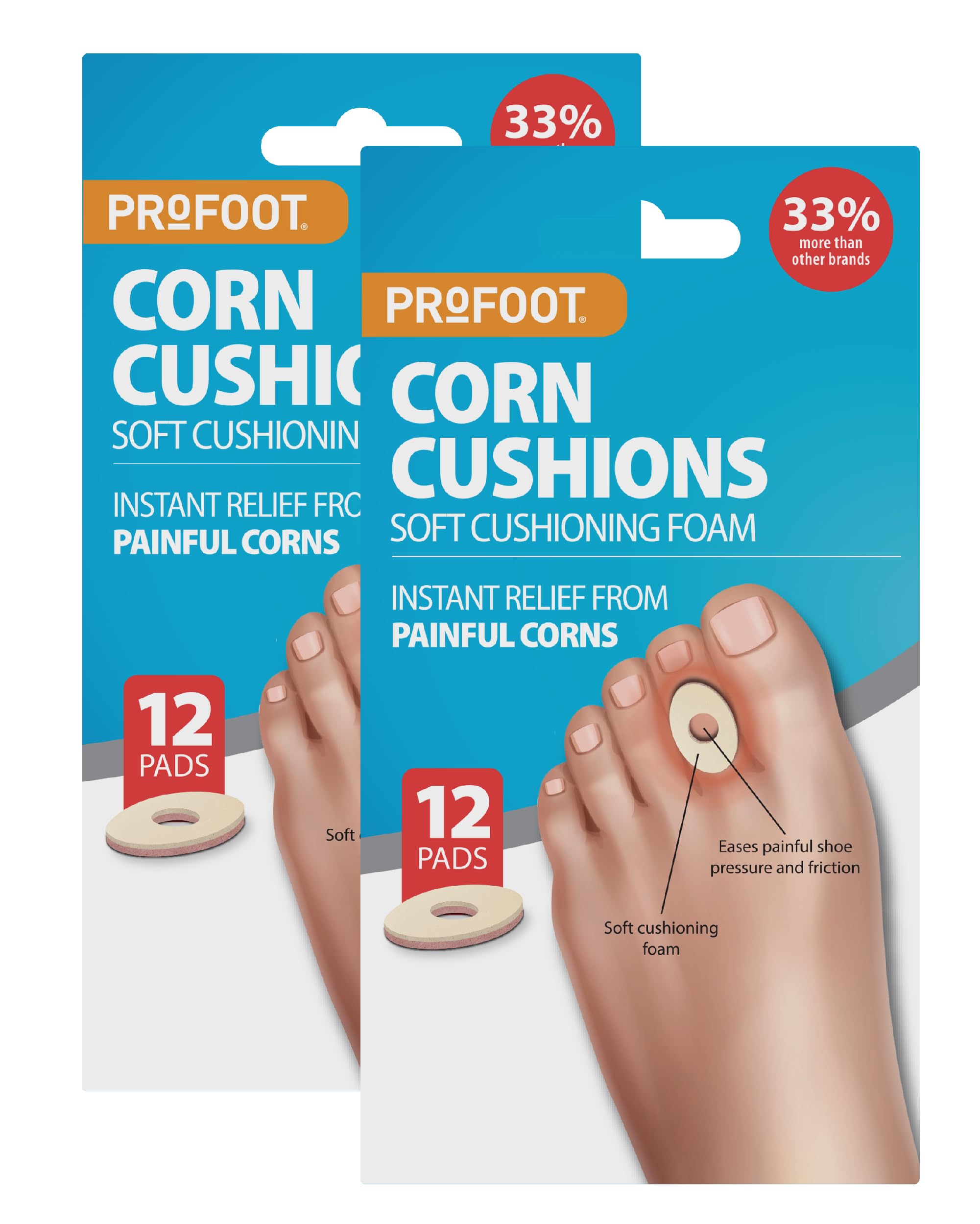 PROFOOT Corn Cushions - 12 Cushioning Pads - Instant Relief from Painful Corns - Super Soft Cushioning Foam Pads for Pressure Relief - Self Adhesive Pads (Pack of 2)