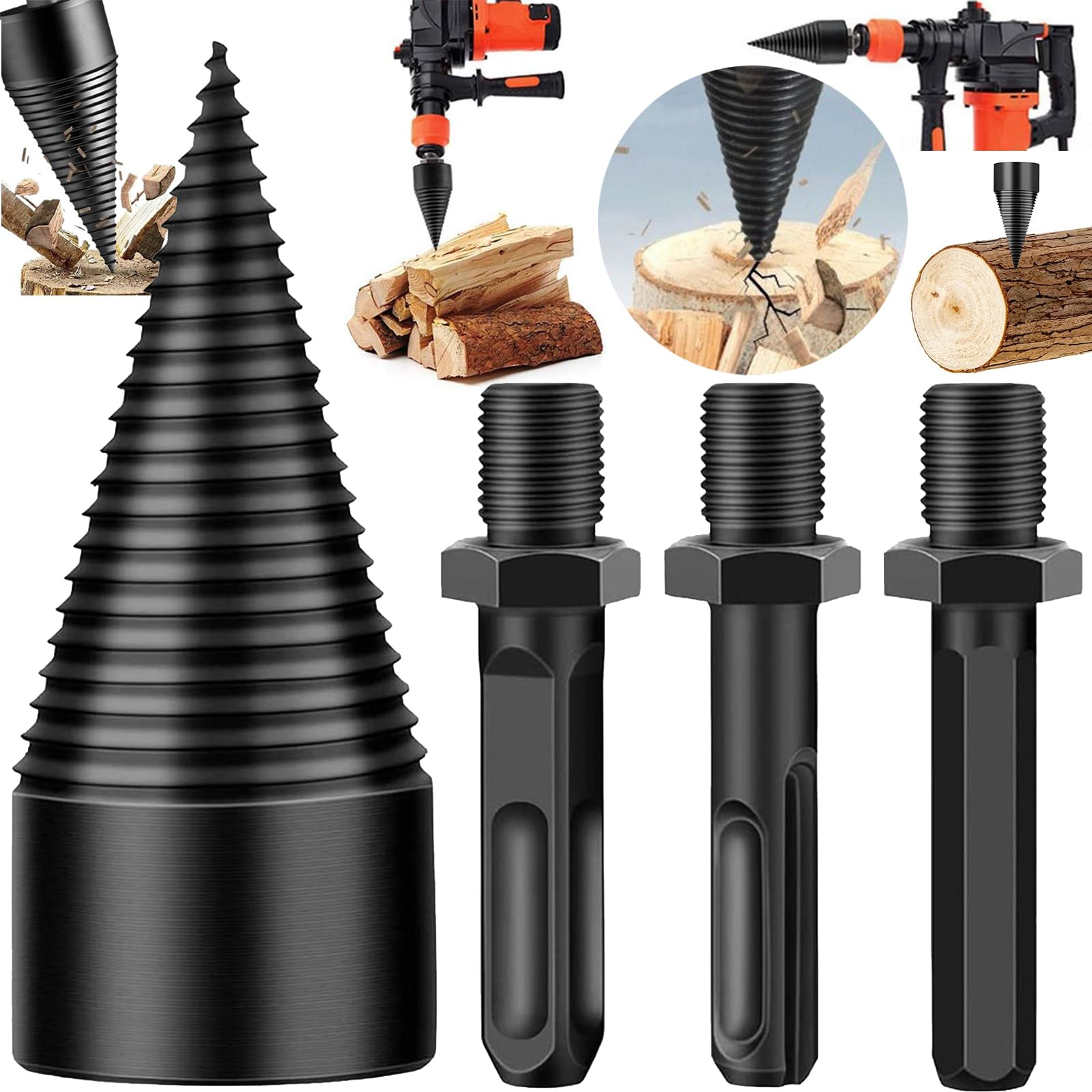 42 mm Wood Splitter Drill, Firewood Drill with 3 Drill Handles, Wood Splitter Attachment for Drill, Precise & Fast Splitter for Drill Cones Wood Splitter