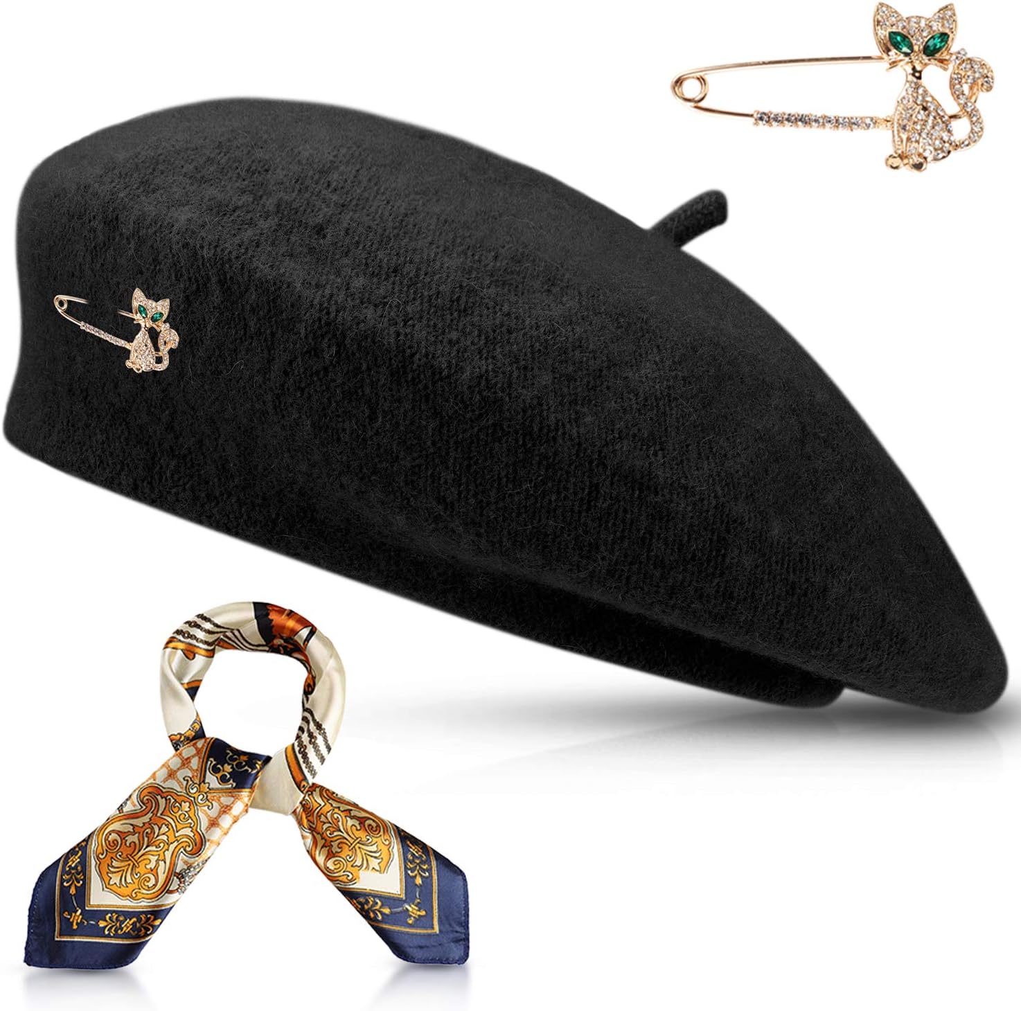 Jeicy Wool Beret Hat Solid Color French Artist Beret Skily Scarf Brooch