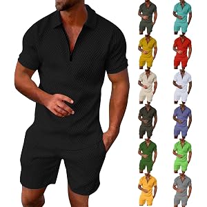 Mens Track Suits 2 Piece Set Summer Short Sleeve 1/4 Zip Golf Polo Shirts And Shorts Sets Loungewear Vacation Clothes