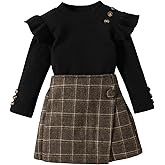 Fernvia Toddler Girl Fall Winter Clothes Ruffles Long Sleeve Shirt and Plaid Shorts Skirt Kids Little Girl 2Pcs Outfits Set